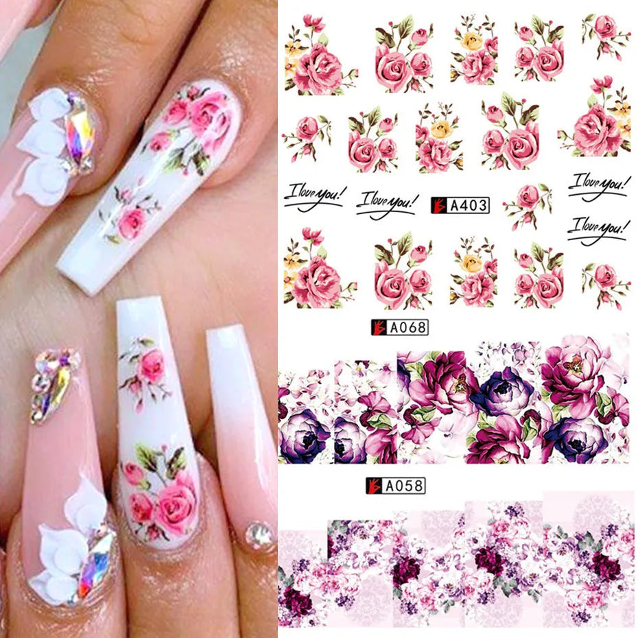 Rose nail sticker with bowknot lace design in red flower colour on two sheets