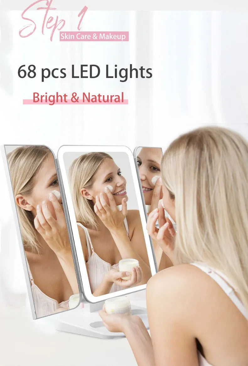 Trifold makeup mirror with 68 LED lights, 10X detachable magnifying mirror, and 180-degree rotation on a table