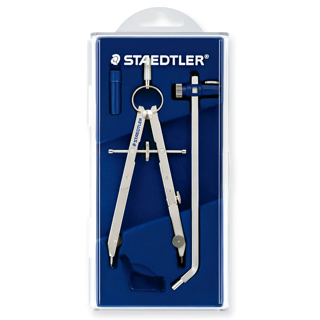 STAEDTLER 551 01 steel precision drawing compass with extended telescopic rod on technical paper.