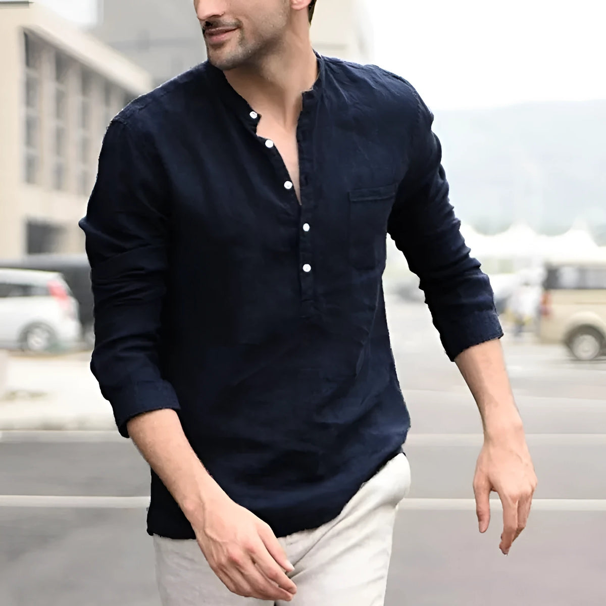 Men's short sleeve slim fit shirt with turn-down plaid collar, available in khaki, navy blue, or white.