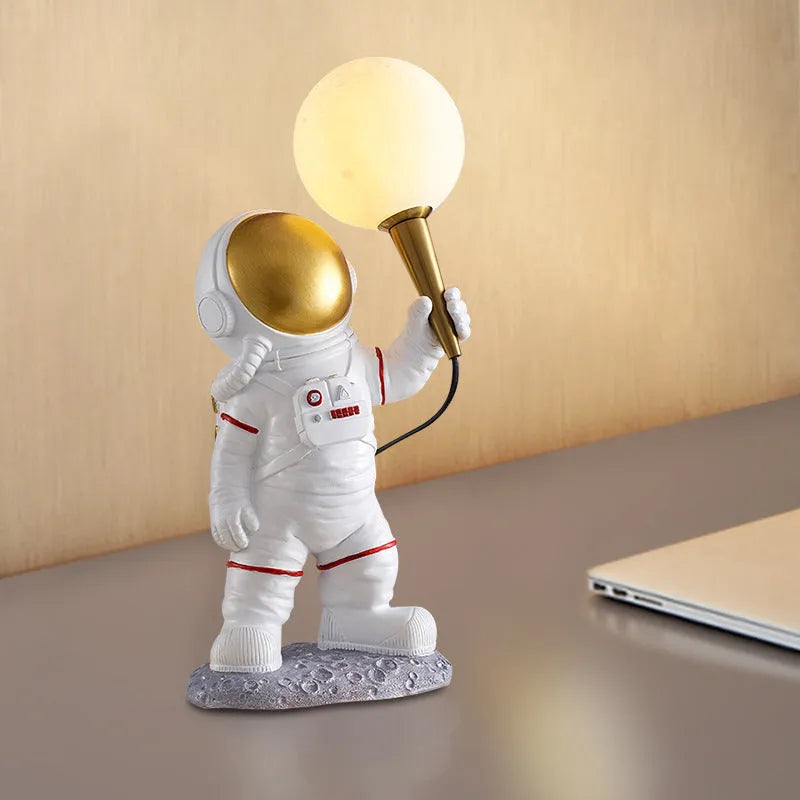 White astronaut desk lamp in three styles: standing, seated, and wall-mounted configurations