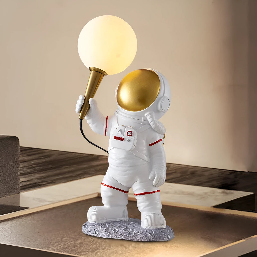 White astronaut desk lamp in three styles: standing, seated, and wall-mounted configurations