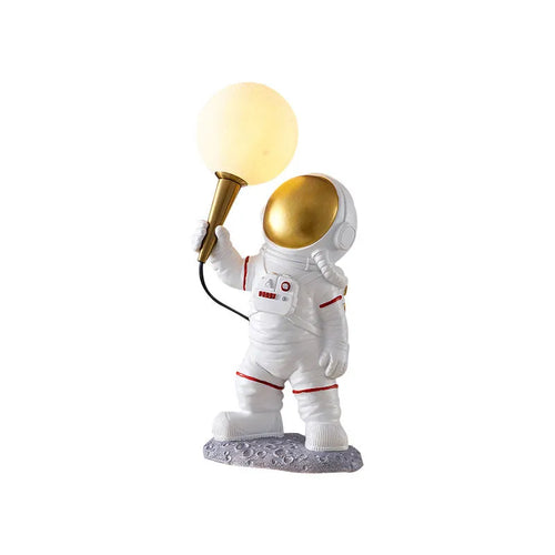White astronaut desk lamp in three styles: standing, seated, and wall-mounted configurations