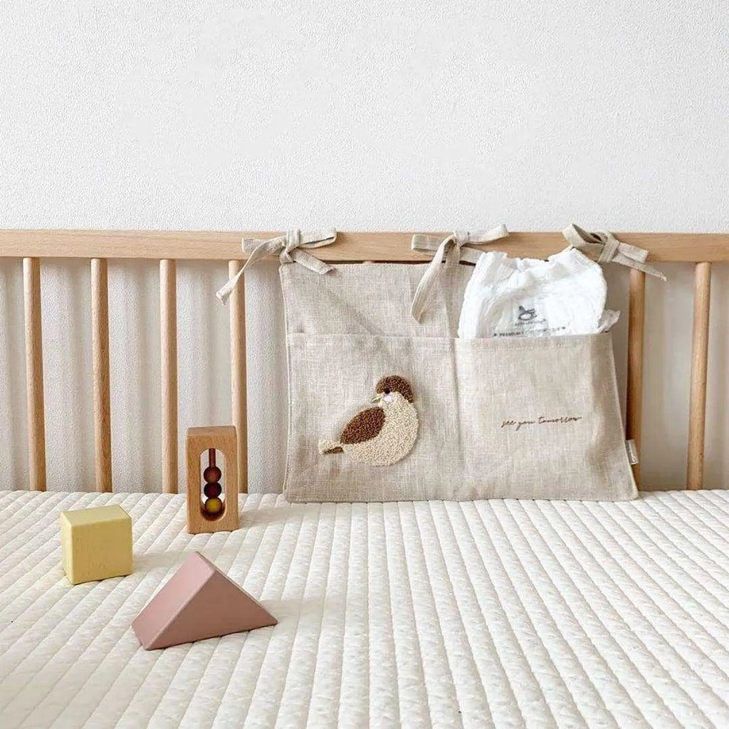 Khaki cotton linen hanging storage bag with single pocket design for bedside organisation