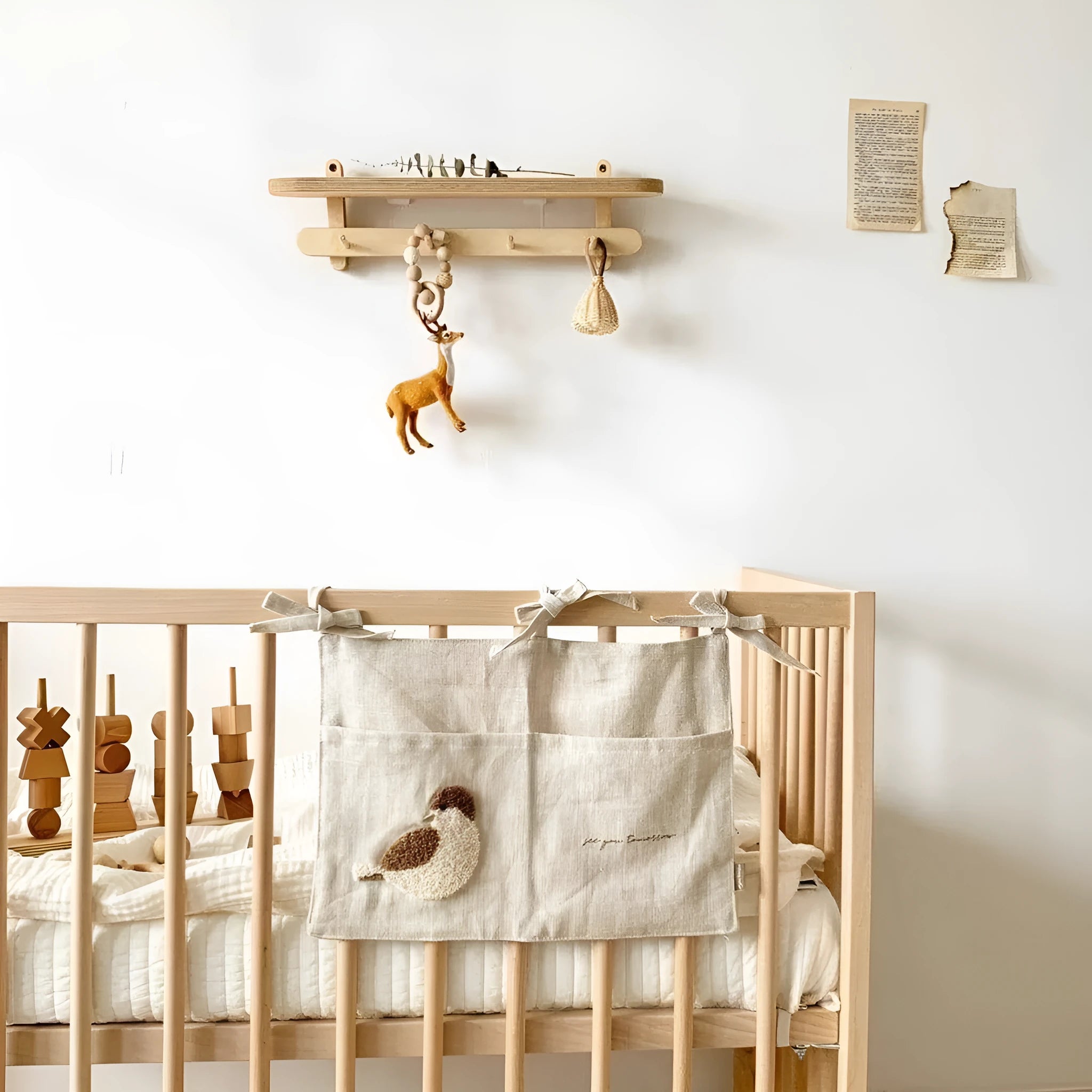 Khaki cotton linen hanging storage bag with single pocket design for bedside organisation