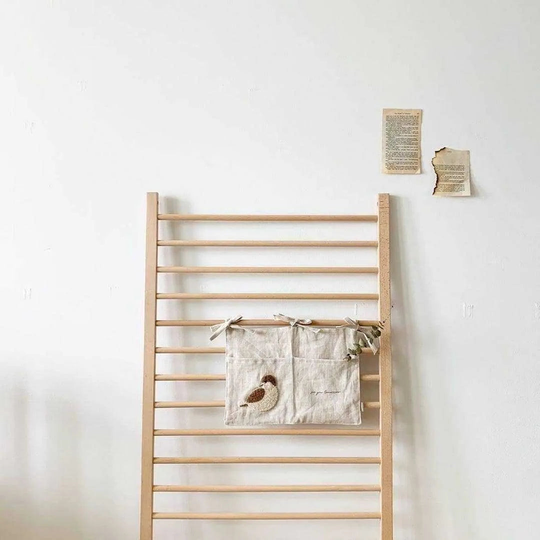 Khaki cotton linen hanging storage bag with single pocket design for bedside organisation