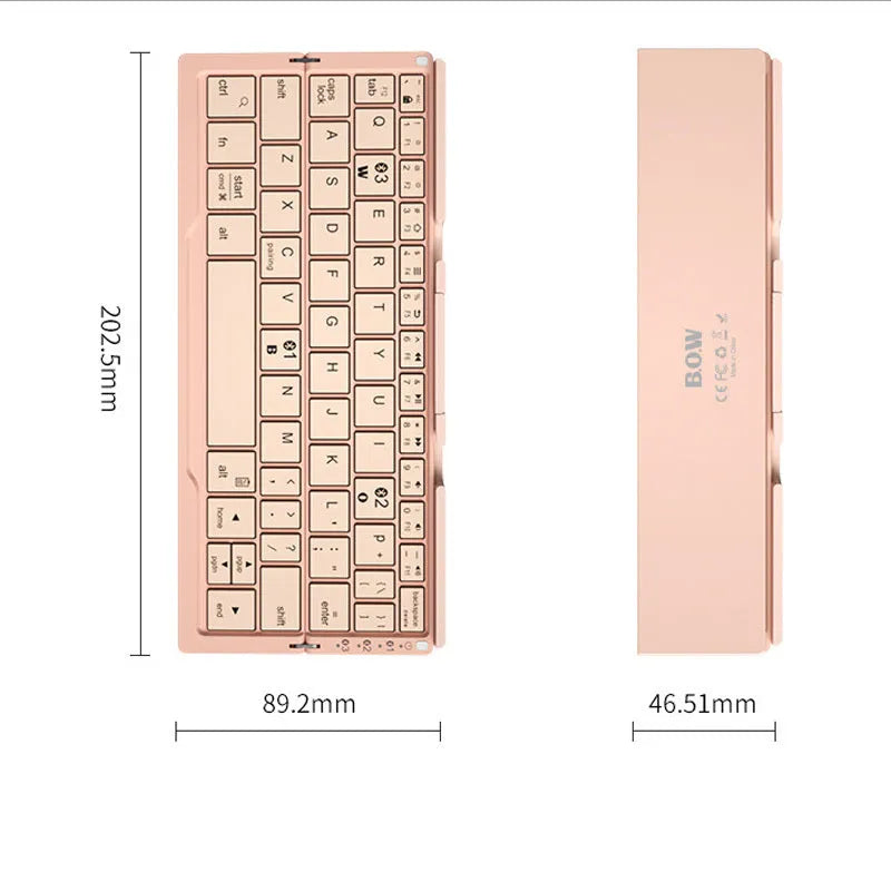 Silver white aluminium folding Bluetooth keyboard open with smartphone on integrated stand