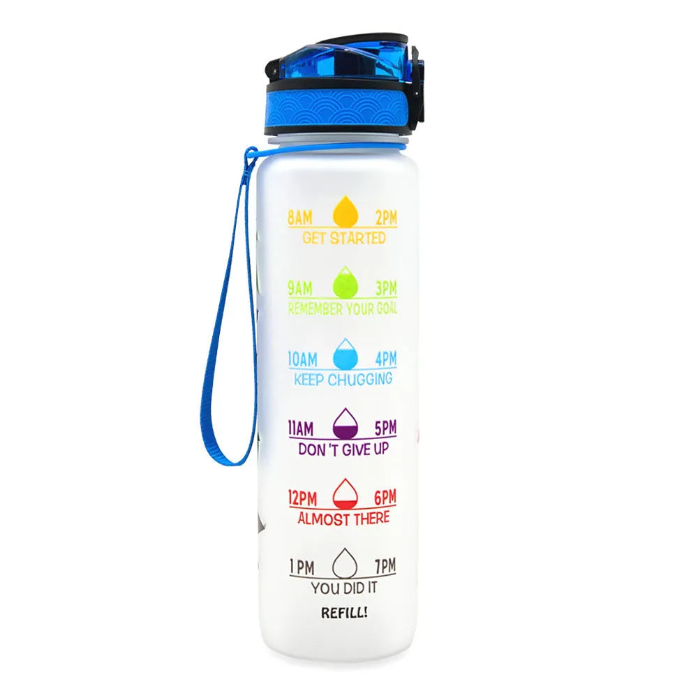 Blue and red gradient 1-litre Tritan sports water bottle with time markers, flip-top lid, and wrist strap.
