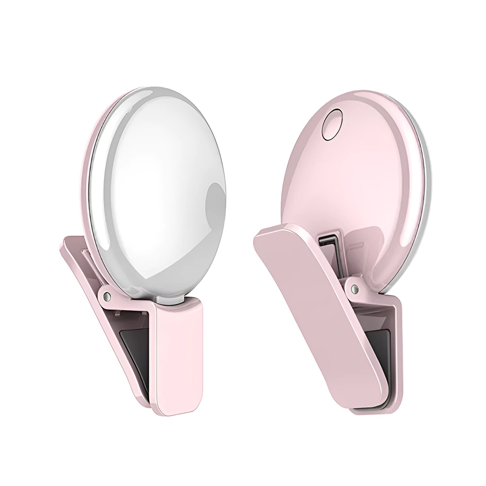 Round white mobile phone fill light clipped onto a smartphone for selfies.