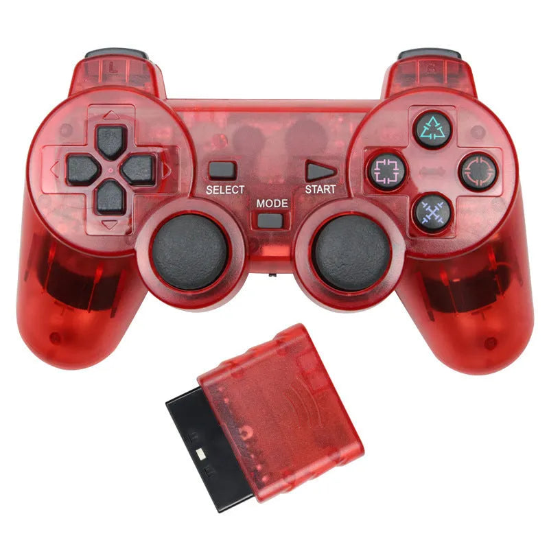 PS2 wireless game controller in assorted colours showing its form factor and buttons.