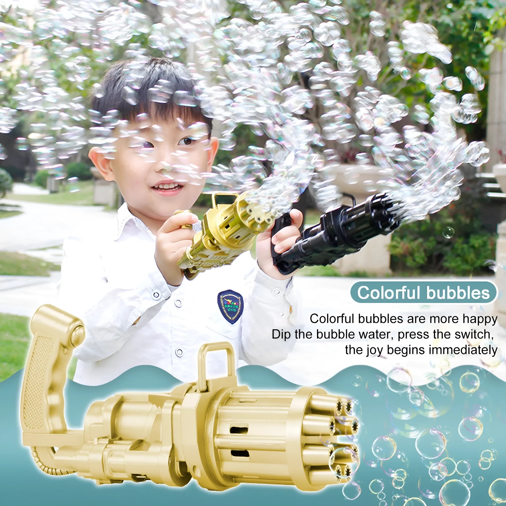 Child holding a pink bubble machine gun toy blowing a stream of bubbles outdoors.