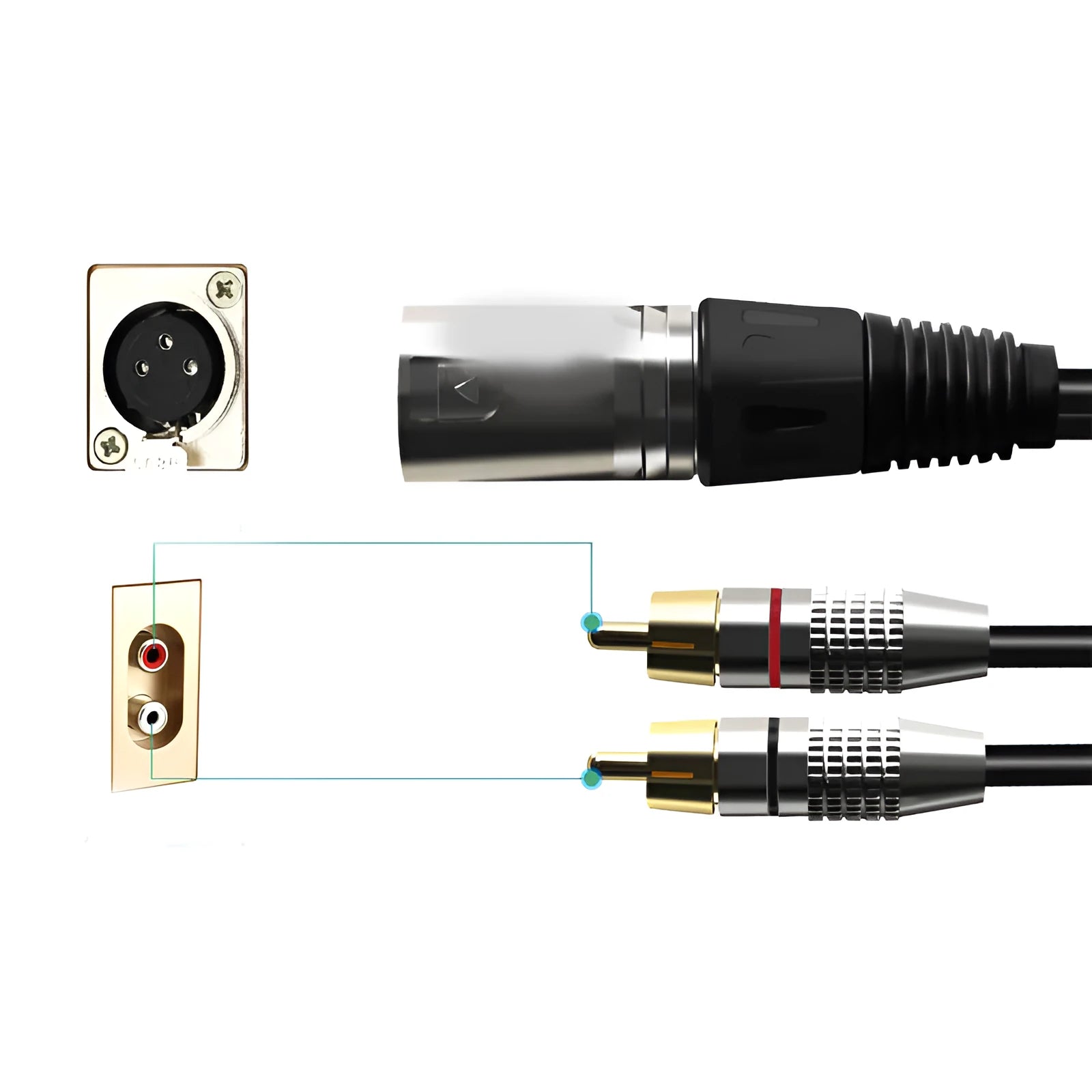 Canon XLR male to dual RCA lotus audio cable with PVC sheath, 3.5mm diameter