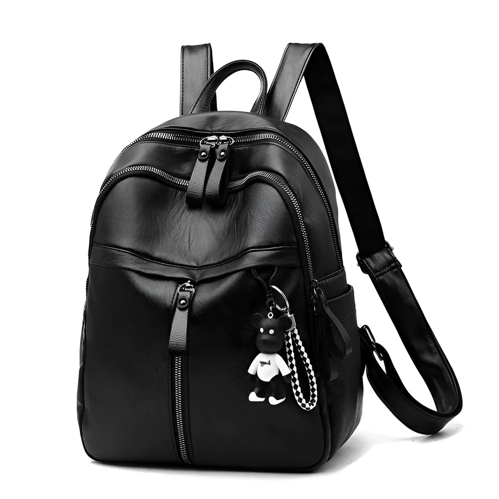Medium black backpack with soft PU leather surface, showing double straps and zipper opening.