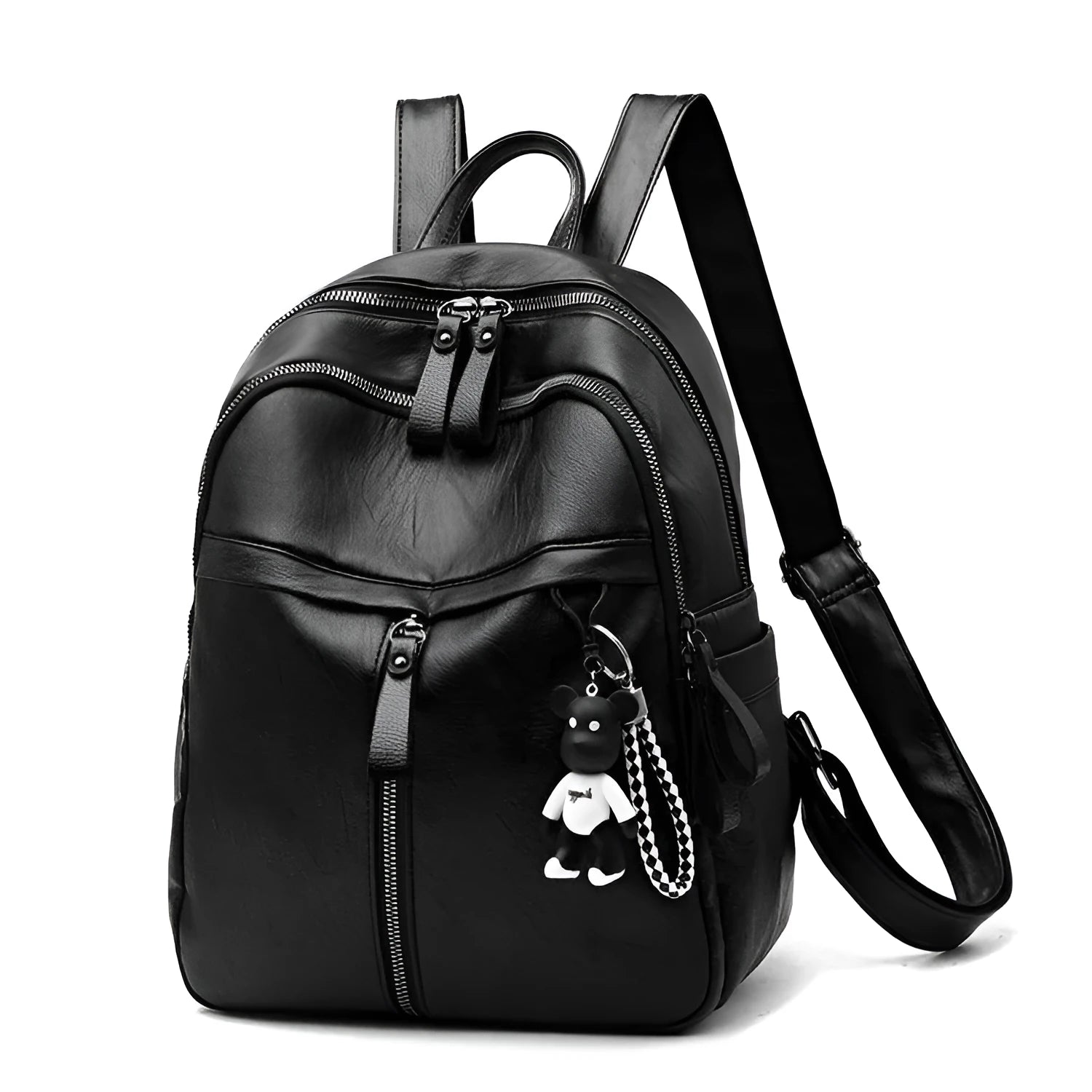 Medium black backpack with soft PU leather surface, showing double straps and zipper opening.