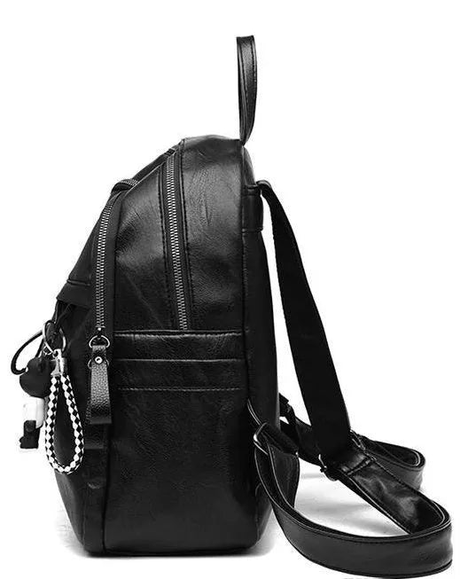 Medium black backpack with soft PU leather surface, showing double straps and zipper opening.