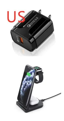 Black foldable 3-in-1 wireless charger showing phone, headphones and watch charging simultaneously