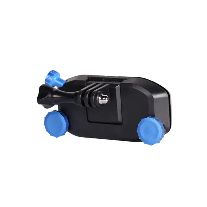 Blue plastic quick-release buckle for mounting sports cameras on shoulder straps