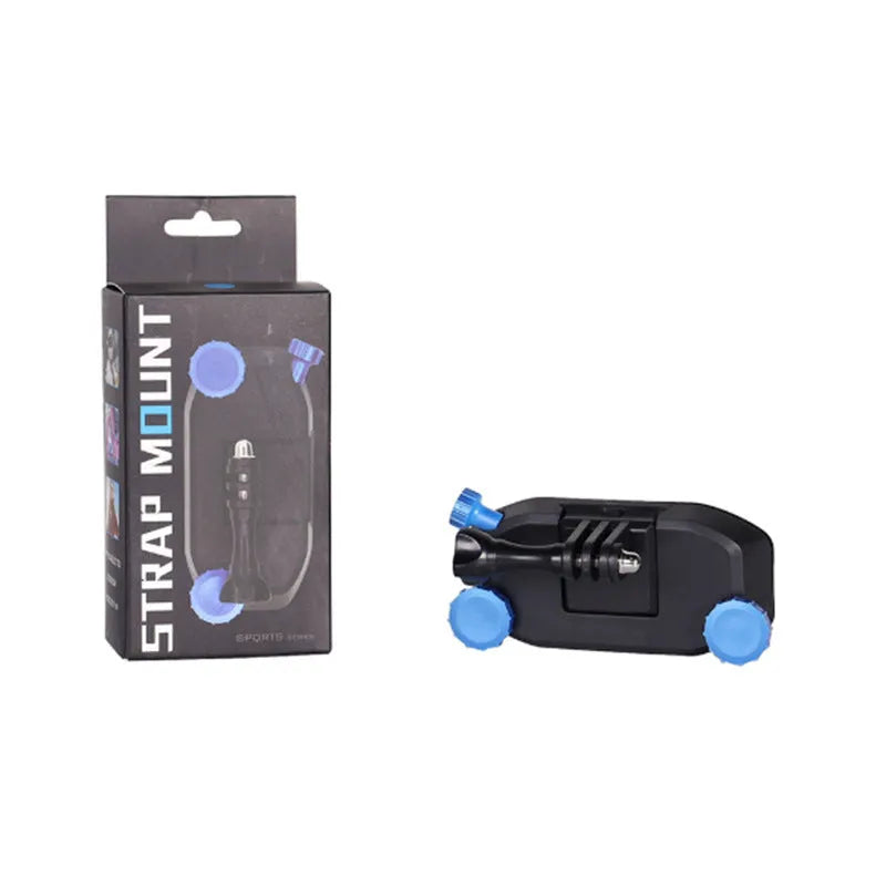 Blue plastic quick-release buckle for mounting sports cameras on shoulder straps