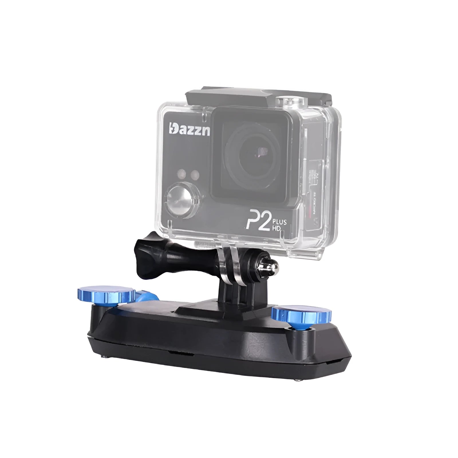 Blue plastic quick-release buckle for mounting sports cameras on shoulder straps