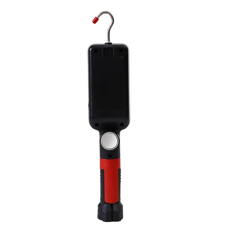 Red COB flashlight with magnetic hook showing 28.8cm length and USB charging port