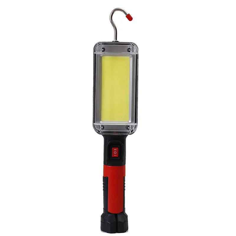 Red COB flashlight with magnetic hook showing 28.8cm length and USB charging port