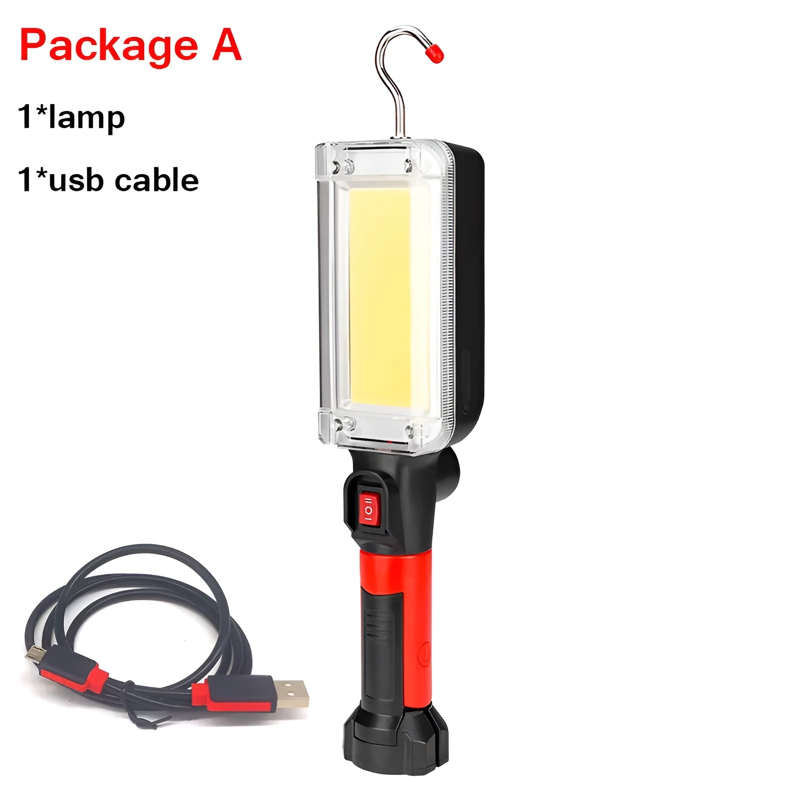 Red COB flashlight with magnetic hook showing 28.8cm length and USB charging port