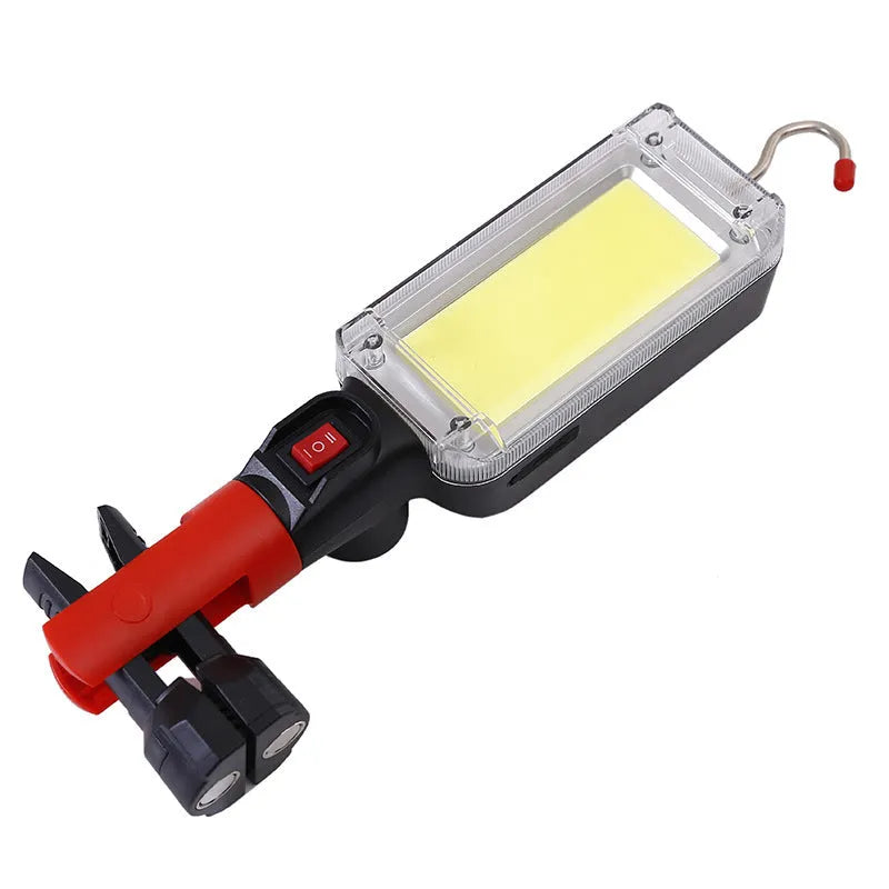 Red COB flashlight with magnetic hook showing 28.8cm length and USB charging port