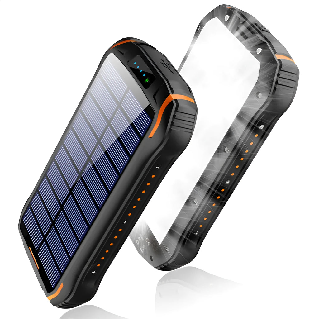 Orange XN-i26S solar power bank showing solar panel, camping light, and USB ports