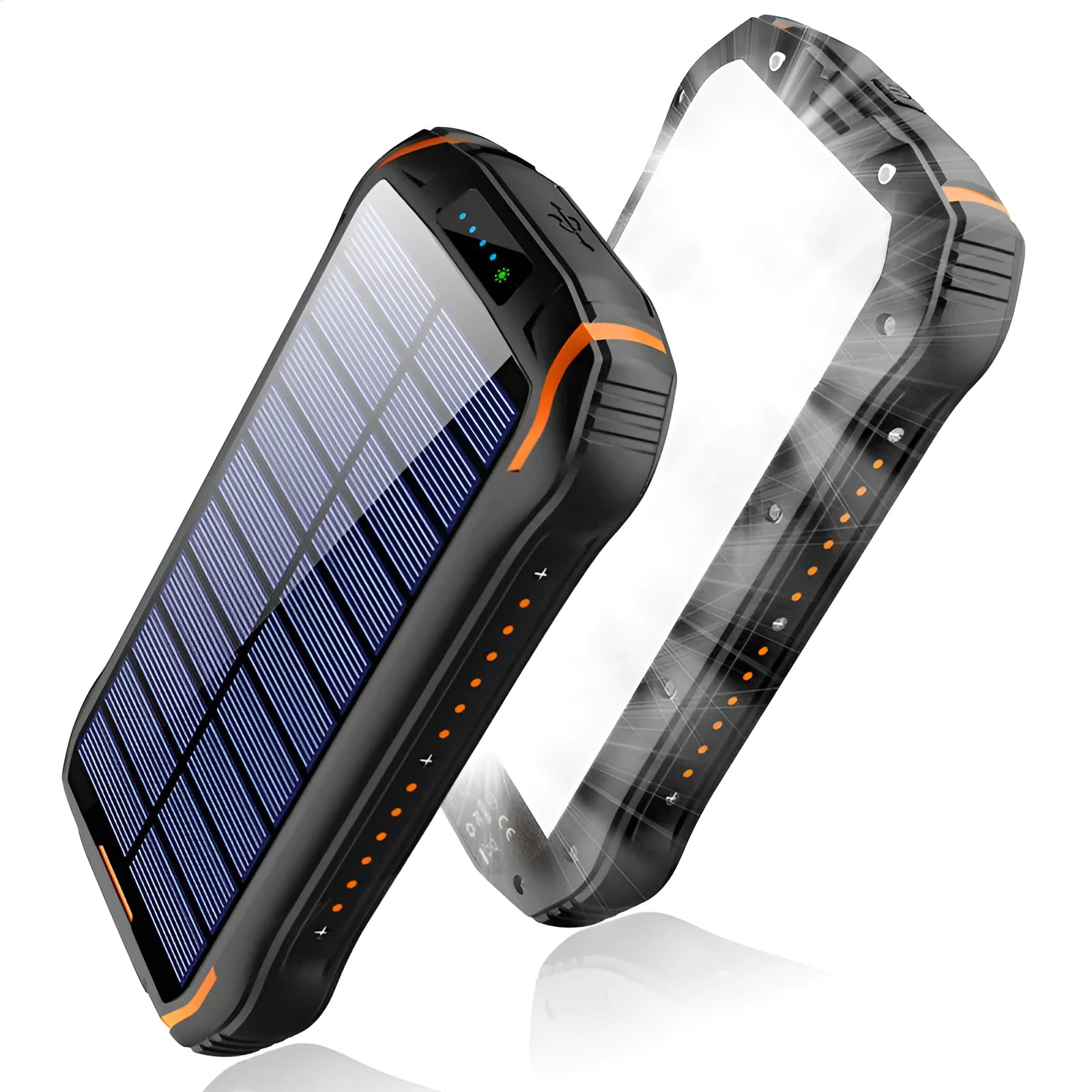 Orange XN-i26S solar power bank showing solar panel, camping light, and USB ports