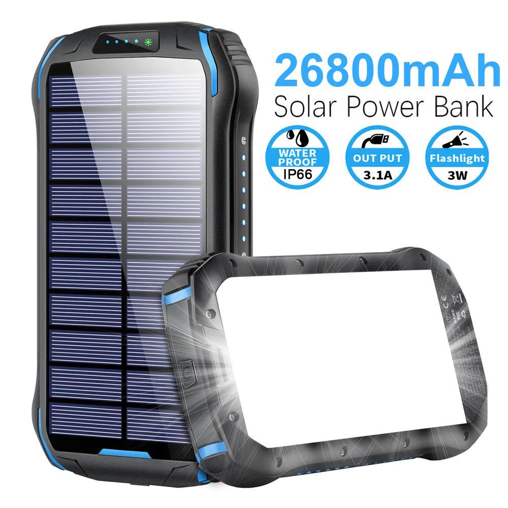 Orange XN-i26S solar power bank showing solar panel, camping light, and USB ports