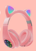 Colourful wireless cat ear Bluetooth headset for music and calls on a stand.