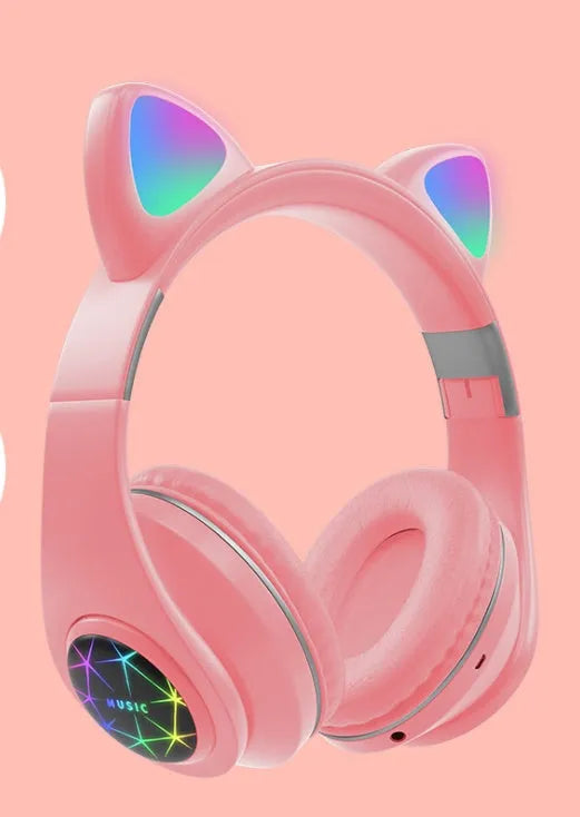 Colourful wireless cat ear Bluetooth headset for music and calls on a stand.