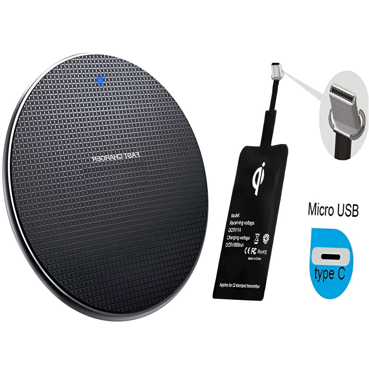 Round aluminium wireless charging pad with LED indicator in black or grey colour