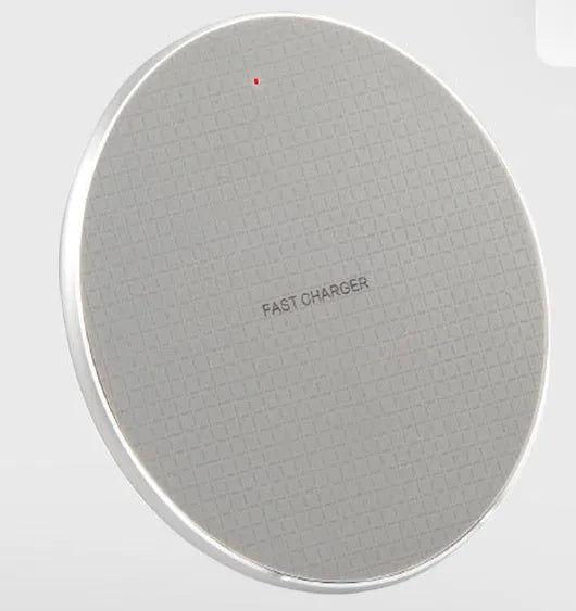 Round aluminium wireless charging pad with LED indicator in black or grey colour