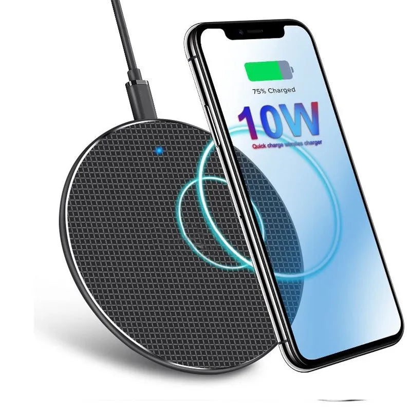 Round aluminium wireless charging pad with LED indicator in black or grey colour