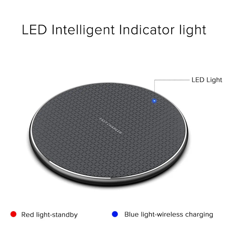 Round aluminium wireless charging pad with LED indicator in black or grey colour