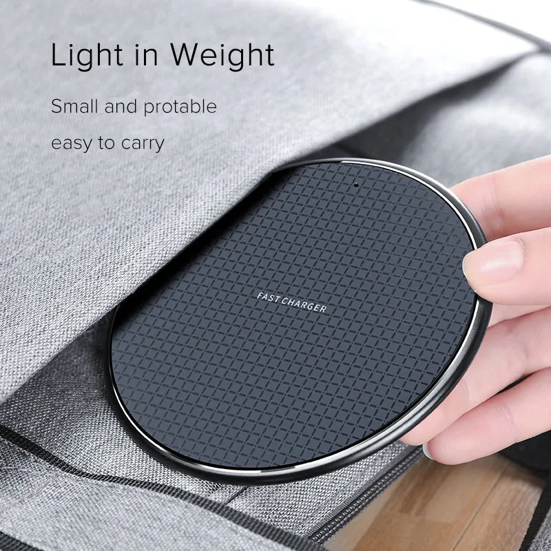 Round aluminium wireless charging pad with LED indicator in black or grey colour