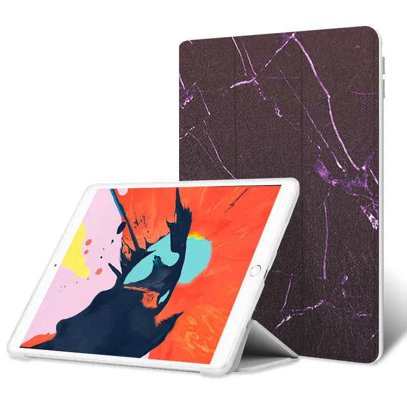 Imitation leather tri-fold iPad case in watercolor blue, white marble, black marble, pink marble, or map, 0.2 kg