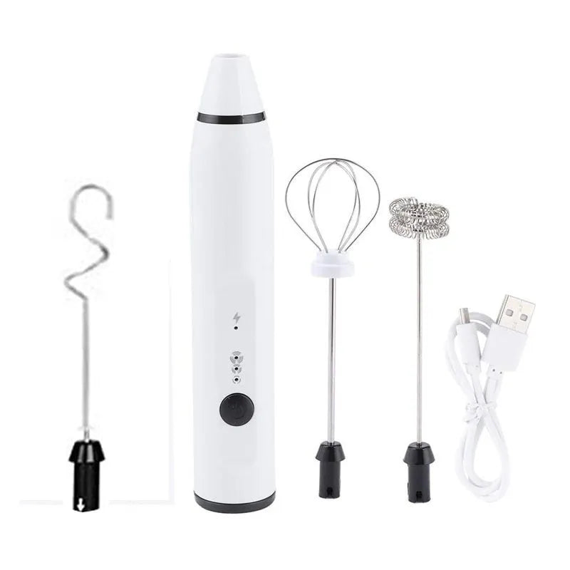 Rechargeable electric milk frother with USB cable, egg beater head, mixing head, and milk foam head in black, pink, silver, white