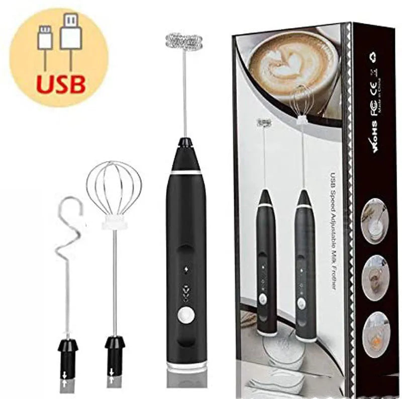 Rechargeable electric milk frother with USB cable, egg beater head, mixing head, and milk foam head in black, pink, silver, white