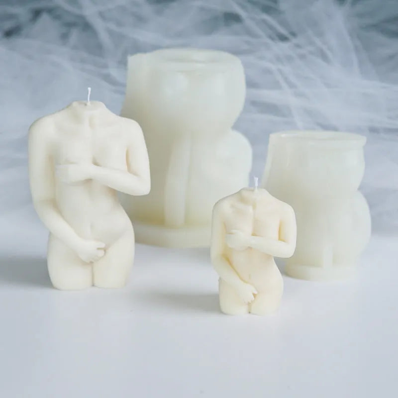 Silica gel Shy Female Body candle mould shown in three style variations for craft and baking