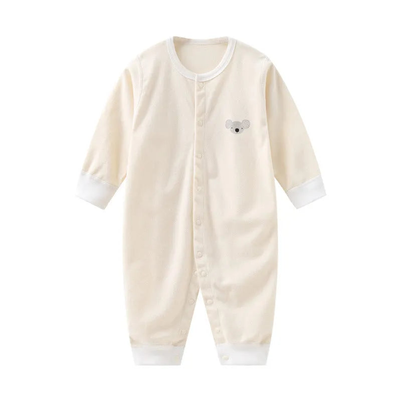 Soft 100% combed cotton baby romper in an animal print design, long sleeves.