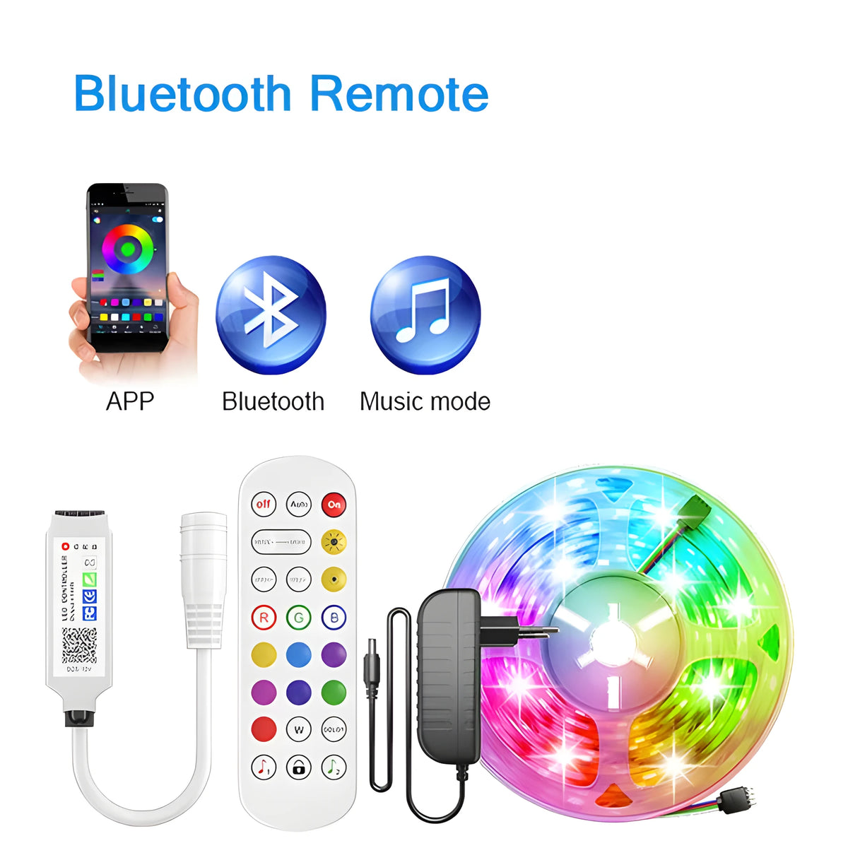 24-key mini Bluetooth DC head RGB LED controller for 5050 strips, 5-24V input, 140-degree beam angle