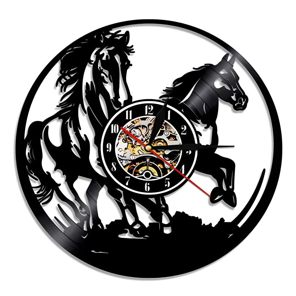 12 inch round black single-sided wall clock with quartz movement, pointer display, and 24-hour indication