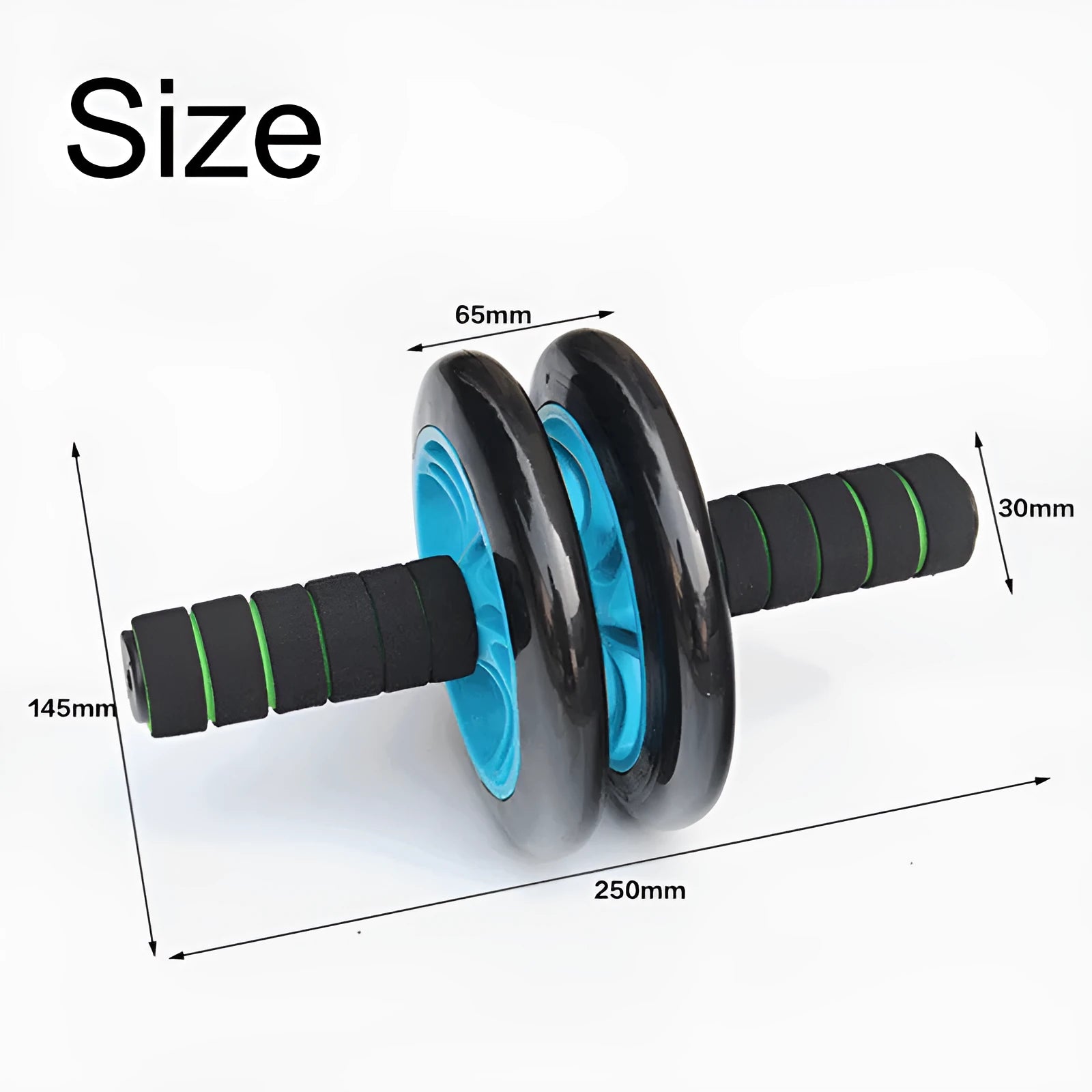Green two-wheel abdominal wheel roller with 14-inch kneeling mat on floor for home exercise