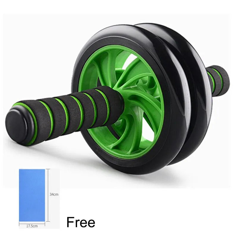 Green two-wheel abdominal wheel roller with 14-inch kneeling mat on floor for home exercise