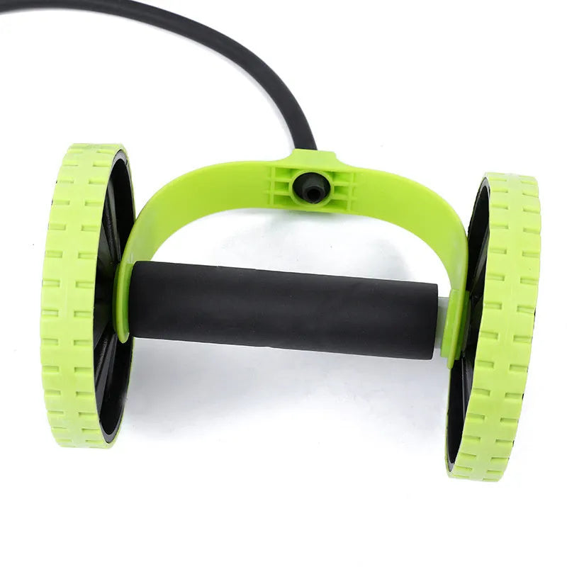 Green two-wheel abdominal wheel roller with 14-inch kneeling mat on floor for home exercise