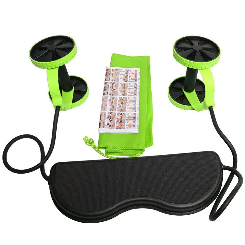 Green two-wheel abdominal wheel roller with 14-inch kneeling mat on floor for home exercise