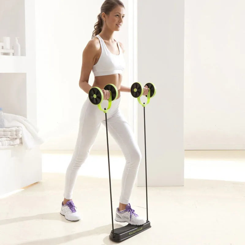 Green two-wheel abdominal wheel roller with 14-inch kneeling mat on floor for home exercise