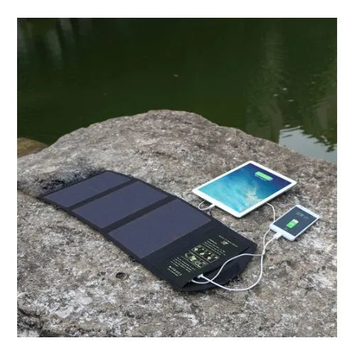 ALLPOWERS black 21W portable solar phone charger with dual USB output and laminated panel